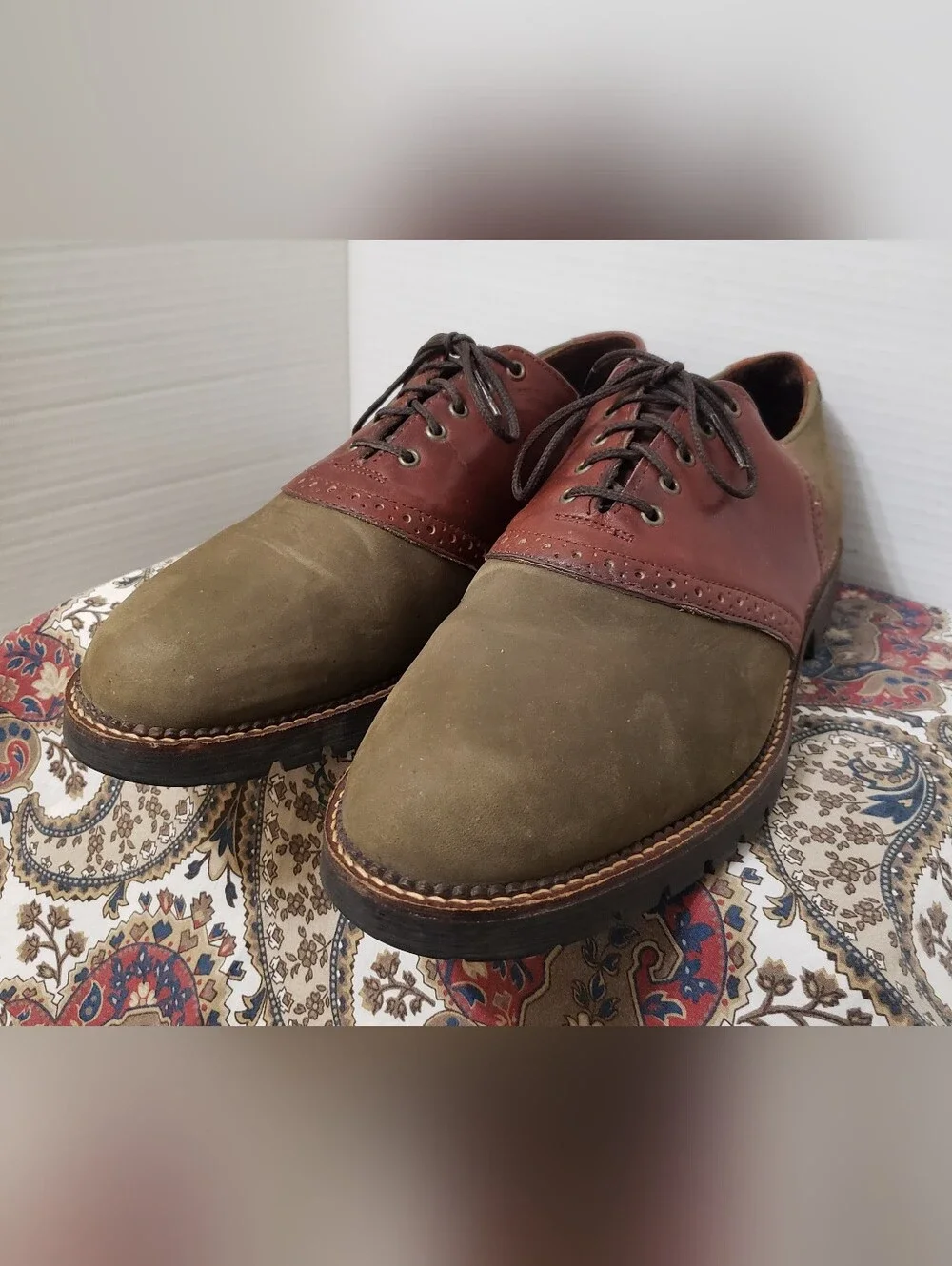 H.S.Trask Mens Loden Green Nubuck Brown Leather Saddle Oxford Shoes 11M